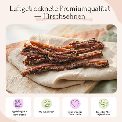 FAVLY Petfood Hirschsehnen 600 g – natürlicher Hundesnack, ideal für Allergiker, mit Symbolen auf beigem Stoff.