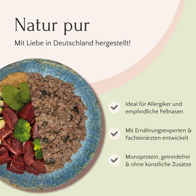 Neben einer Schüssel mit gemischtem Tierfutter steht ein deutscher Text, der für natürliche Ernährung mit hypoallergenen, getreide- und zusatzstofffreien Zutaten wirbt, darunter das FAVLY Probierpaket „Starter“ von FAVLY Petfood.