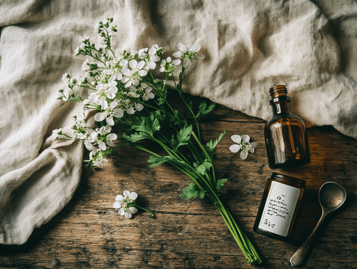 Frische Bachblüten und Kräuter auf hellem Holzbrett — natürliche Beruhigung