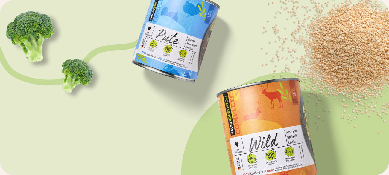 Zwei Dosen Tierfutter, eine mit der Aufschrift "Pute" (blau) und die andere mit der Aufschrift "Wild" (orange), stehen auf einem hellgrünen Hintergrund mit Brokkoliröschen und verstreuten Körnern.