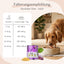 Golden Retriever frisst FAVLY Petfood Ente mit Hirse, Birne & Spinat, neben einer glutenfreien Hund-Portionstabelle.