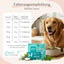 Golden Retriever mit FAVLY Petfood DENTAL Pulver, mit Dosierungstabelle für das Neukundenangebot nach Körpergewicht.