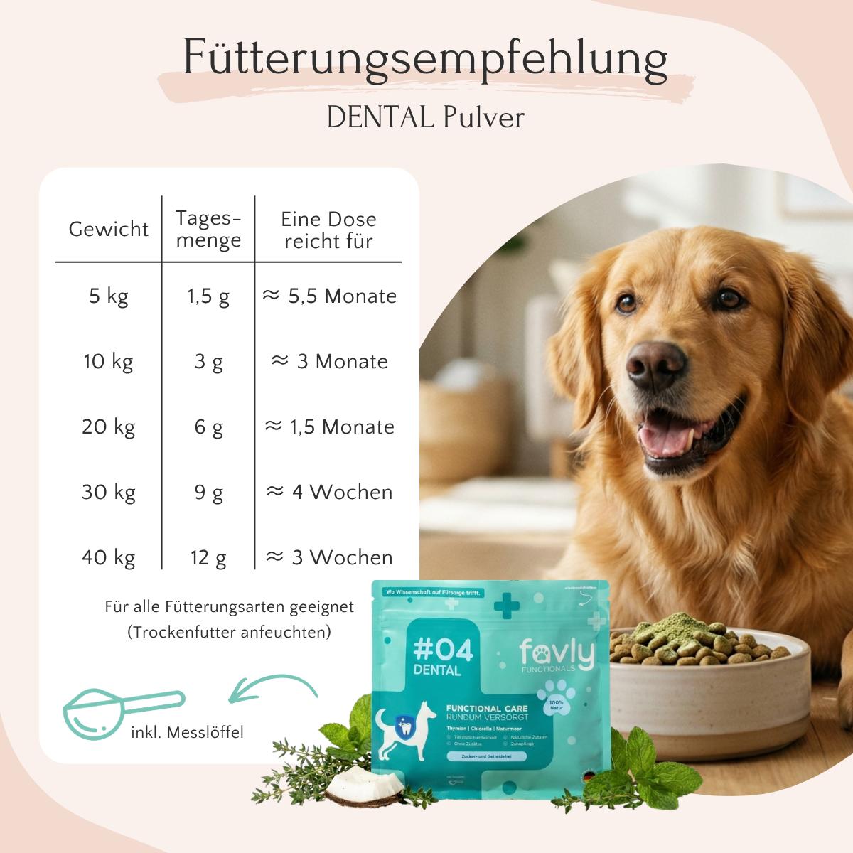 Golden Retriever mit FAVLY Petfood DENTAL Pulver, mit Dosierungstabelle für das Neukundenangebot nach Körpergewicht.