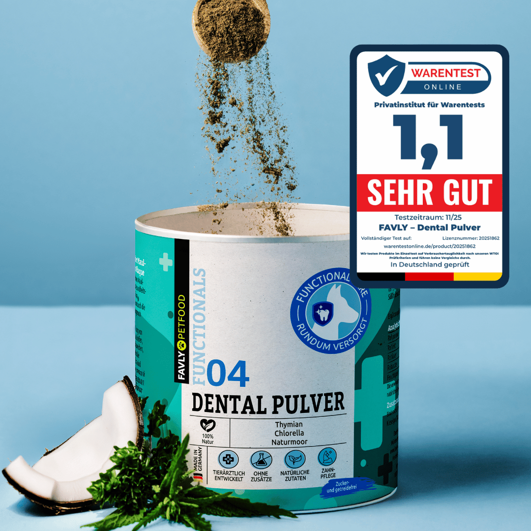 Eine Dose FAVLY Petfood DENTAL Pulver - Neukundenangebot zur effektiven Vorbeugung von Zahnbelag.