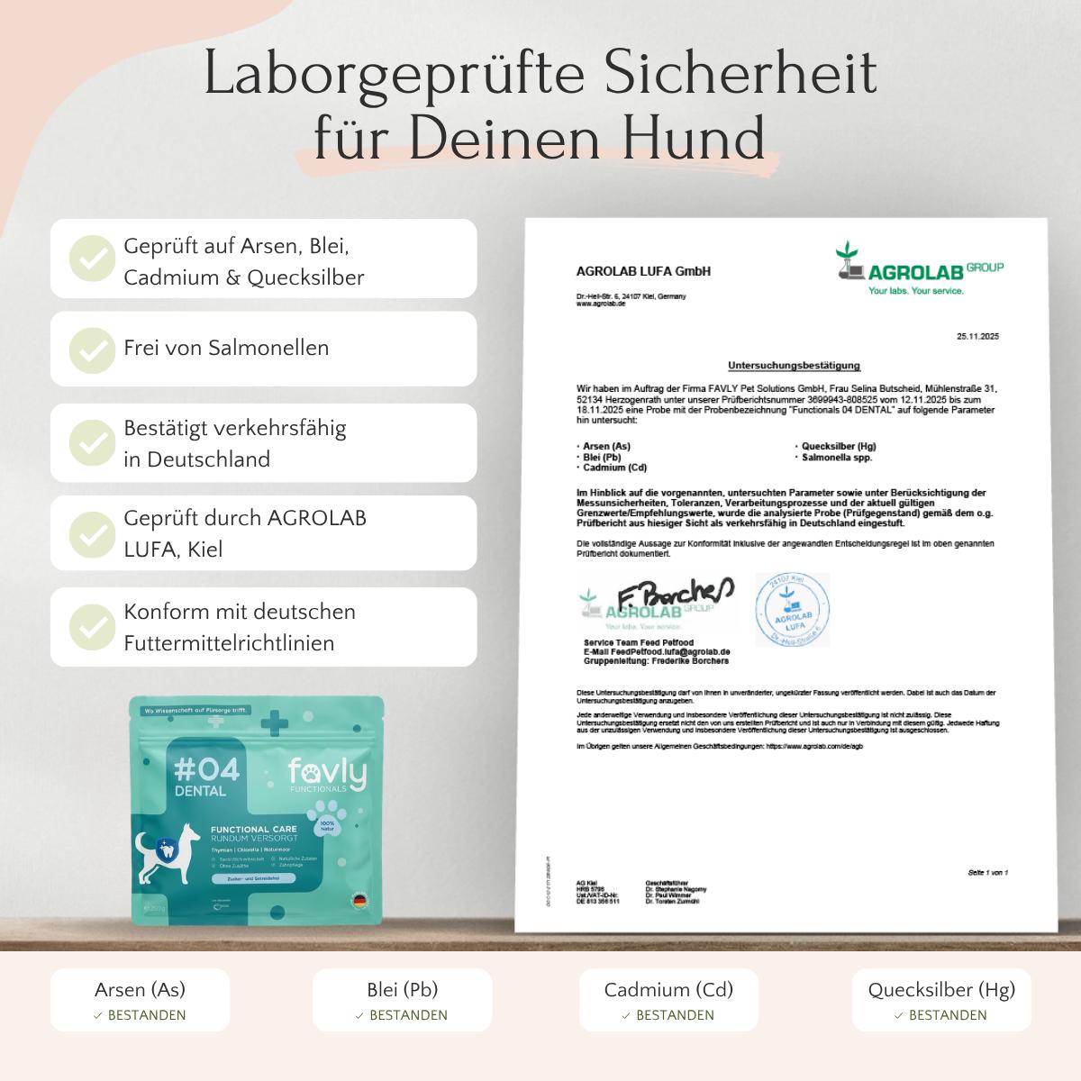 FAVLY Petfood DENTAL Pulver: Laborgeprüftes Zahnpflegepulver für Hunde, auf Schwermetalle geprüft, sicher für Haustiere.