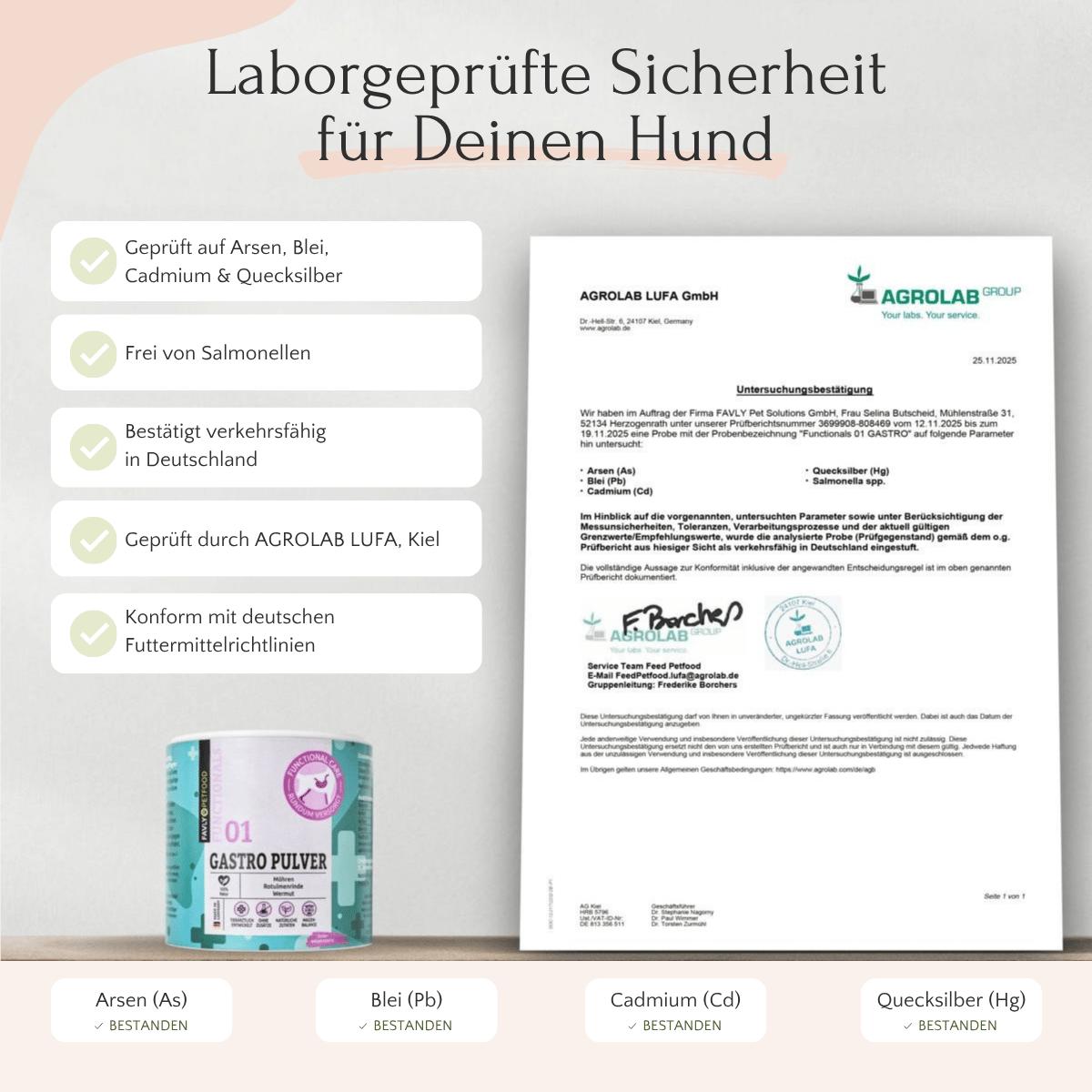 Das FAVLY Petfood GASTRO Pulver - Sodbrennen & Grasfressen, mit deutschem Sicherheitszertifikat, abgebildet auf einem Schreibtisch.