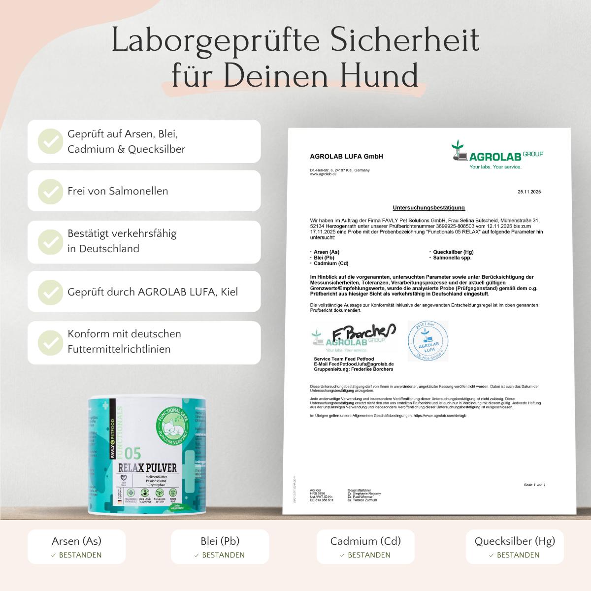Produktsicherheit: FAVLY Petfood RELAX Pulver - Unruhe & Stress, Checkliste & Laborbericht für Hunde auf dem Schreibtisch.