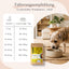 Erwachsener Hund frisst FAVLY Petfood Weidelamm mit Rote Beete, Karotte & Hanföl, Futterbeutel auf Tisch in gemütlichem Zimmer.