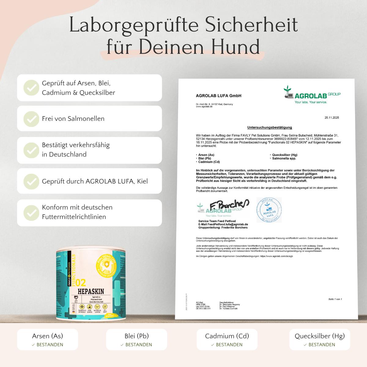 HEPASKIN Pulver von FAVLY Petfood: laborgeprüft, zertifiziert, salmonellenfrei; unterstützt die natürliche Entgiftung und gesunde Haut.
