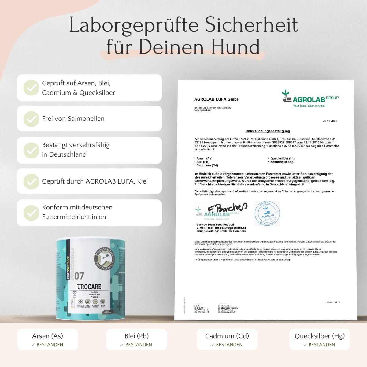 FAVLY Petfood UROCARE Pulver - Niere & Blase mit Laborzertifikaten und Schwermetalltestliste auf Holztisch.