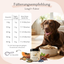 Brauner Hund auf dem FAVLY-Futternapf; LongV+-Tabelle und Zutaten von „Zellschutz Hund“ im Display.