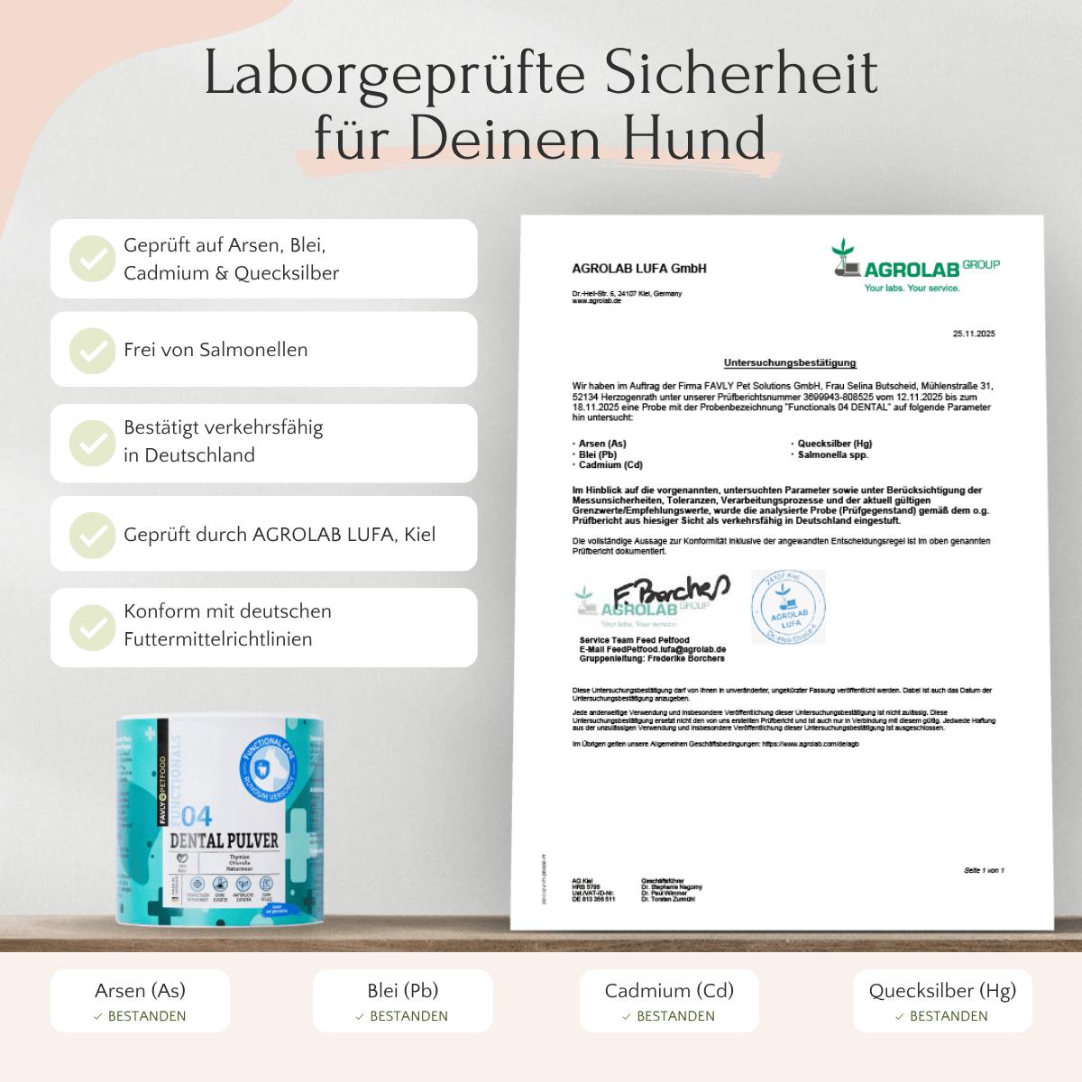 Labortests bestätigen, dass FAVLY Petfood DENTAL Pulver sicher ist und hilft, Zahnbelag und Maulgeruch bei Hunden zu reduzieren.