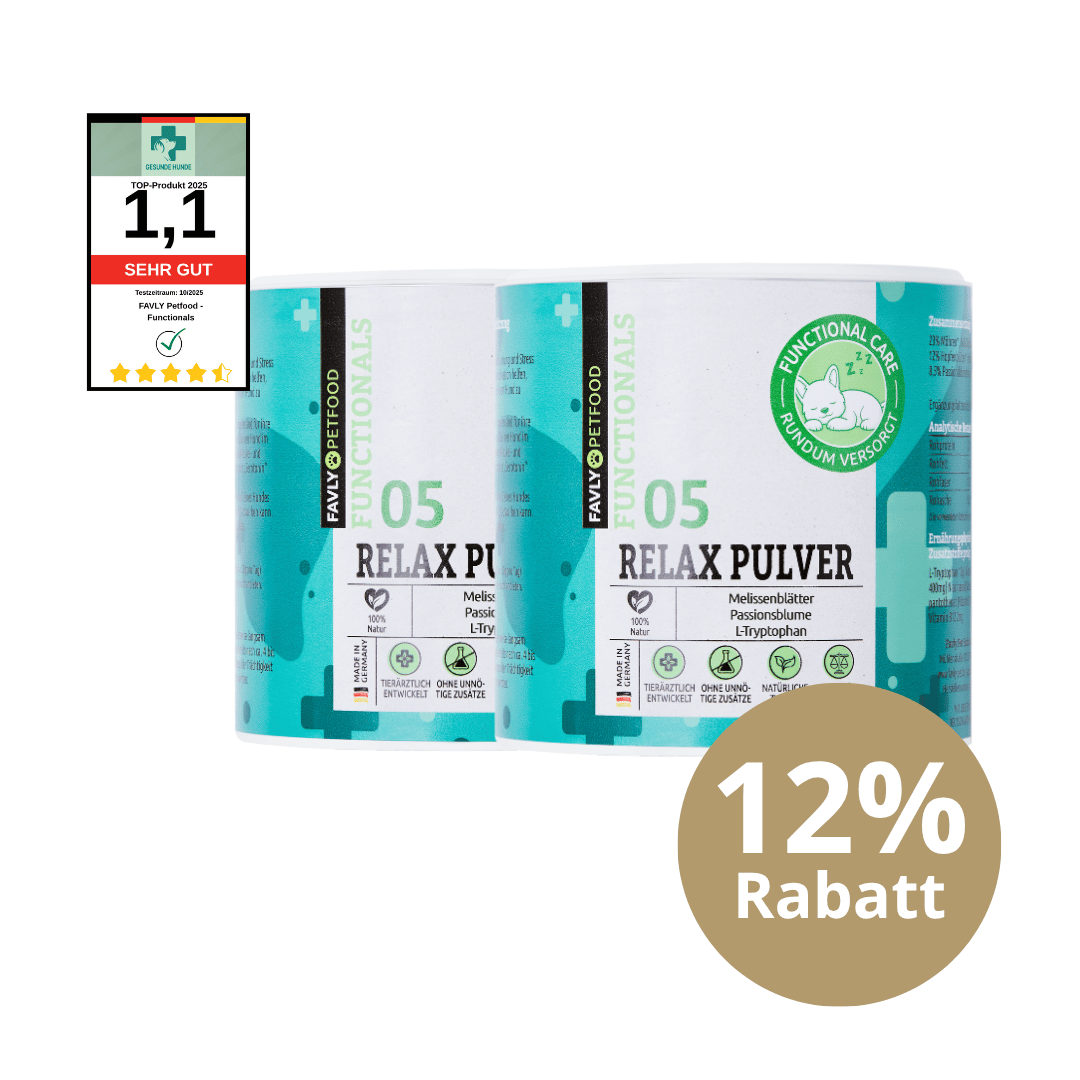 Zwei FAVLY Petfood Relax Pulver - Sonderangebot, 12% Rabatt, "1,1 SEHR GUT" für Stressabbau Hund.