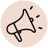 Symbol eines Megaphons, das Ankündigungen oder Kommunikation signalisiert, in einem pfirsichfarbenen Kreis.