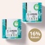 Zwei Behälter „Relax Pulver - Sonderangebot“ von FAVLY Petfood, angereichert mit wohltuenden Heilkräutern, zieren ein 16%-Rabatt-Etikett in deutscher Sprache, das innere Ruhe verspricht.