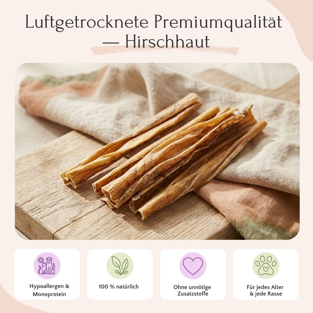 Die FAVLY Petfood Hirschhaut-Kauartikel (600 g) sind mit Symbolen gekennzeichnet, die darauf hinweisen, dass es sich um natürliche Kauartikel für Allergiker handelt.
