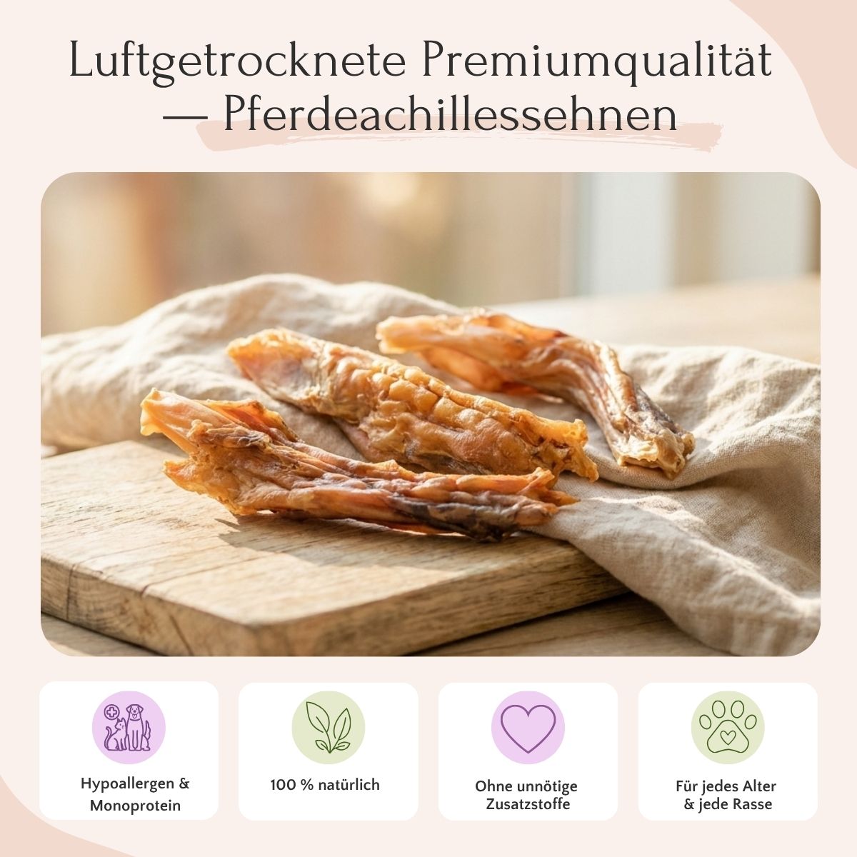 FAVLY Petfood Pferdeachillessehnen 750 g – hypoallergenes, natürliches Hundekauartikel auf beigem Stoff.