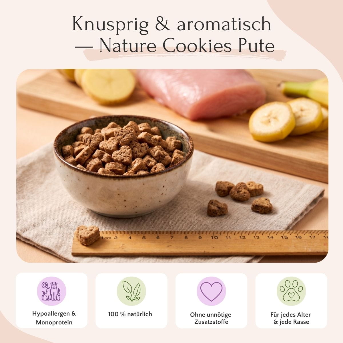 Nature Cookies Pute von FAVLY Petfood: getreidefreie Hundekekse mit natürlichen Zutaten, mit Symbolen unten.