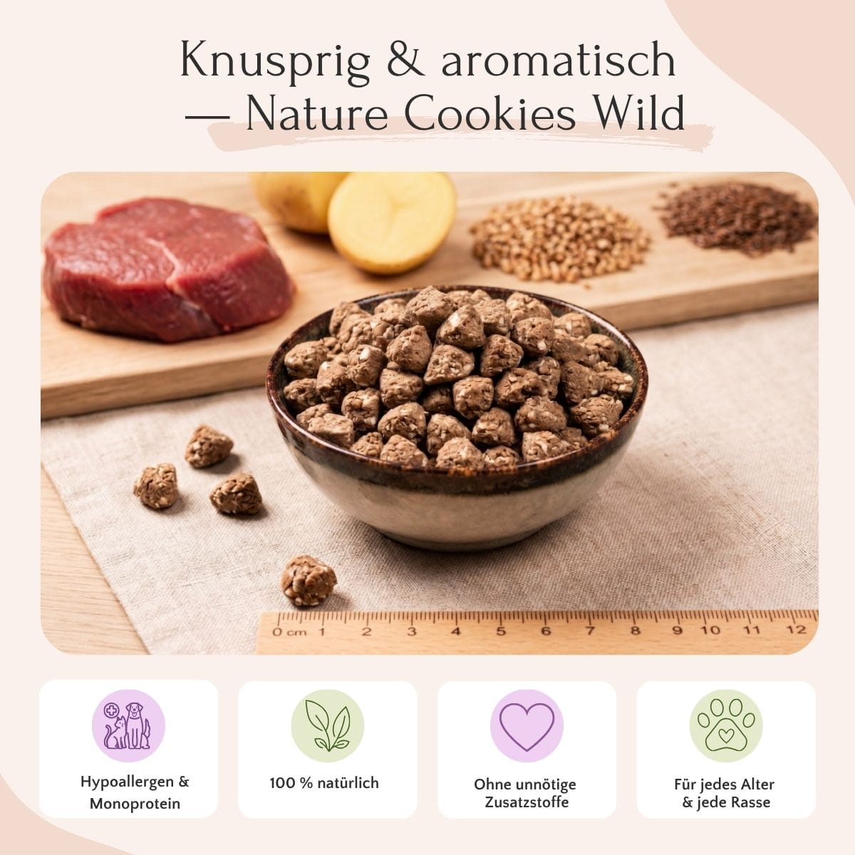 Eine Schale mit knusprigen FAVLY Petfood Nature Cookies Wild mit Wildfleisch, Kartoffeln und Samen auf einem Holzbrett.
