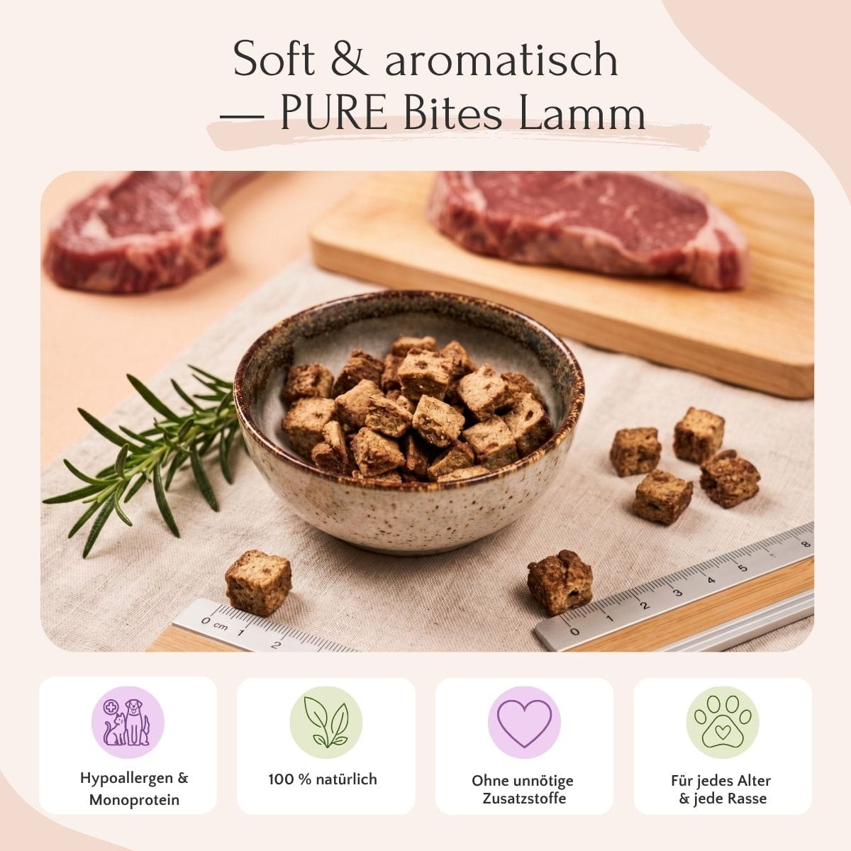 Auf einem Tisch steht eine Schüssel mit „PURE Bites Lamm“ von FAVLY Petfood, daneben liegen rohes Lammfleisch, Rosmarin und ein Lineal.