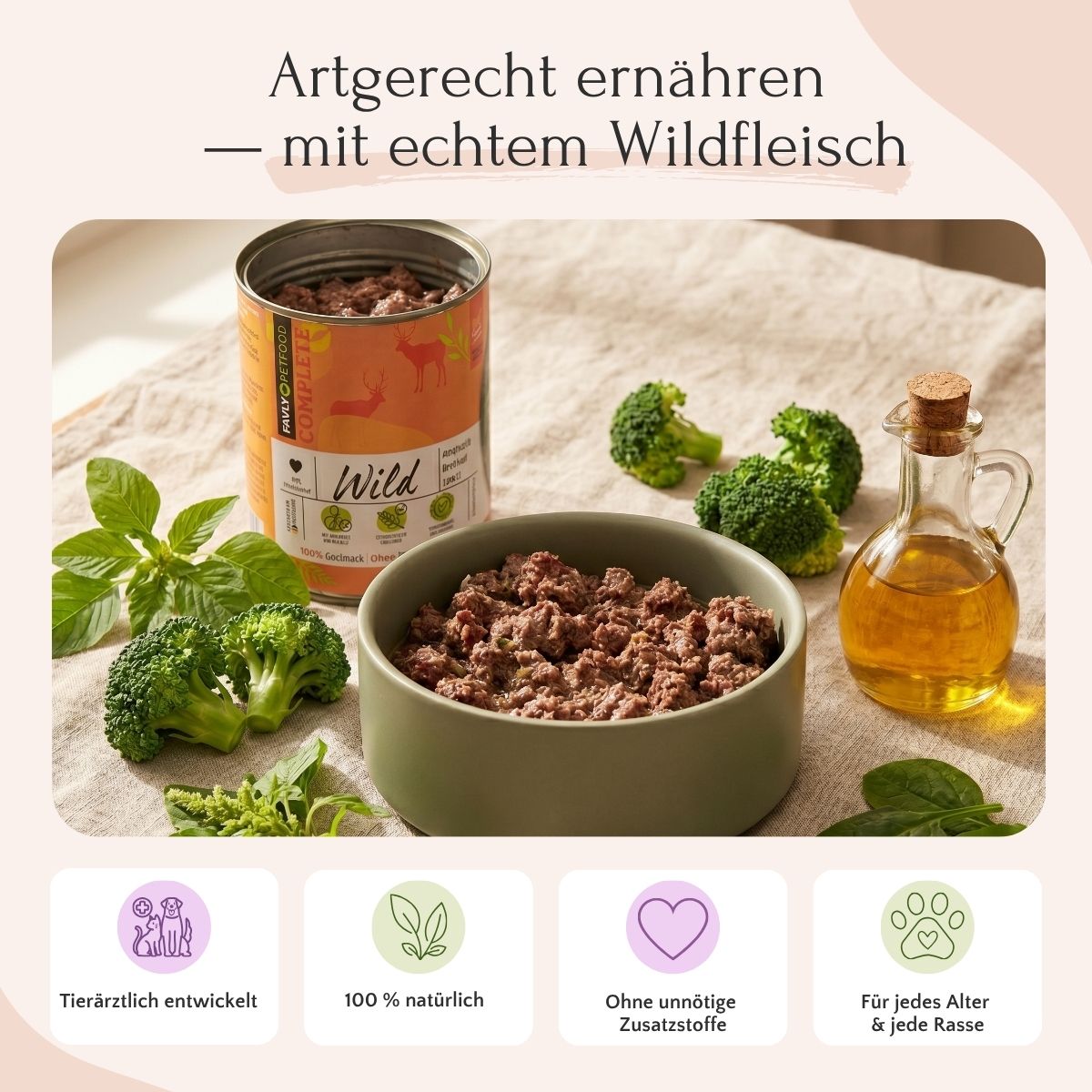 Eine Schale FAVLY Petfood Wild mit Amaranth, Brokkoli & Leinöl für Hunde, getreidefrei.