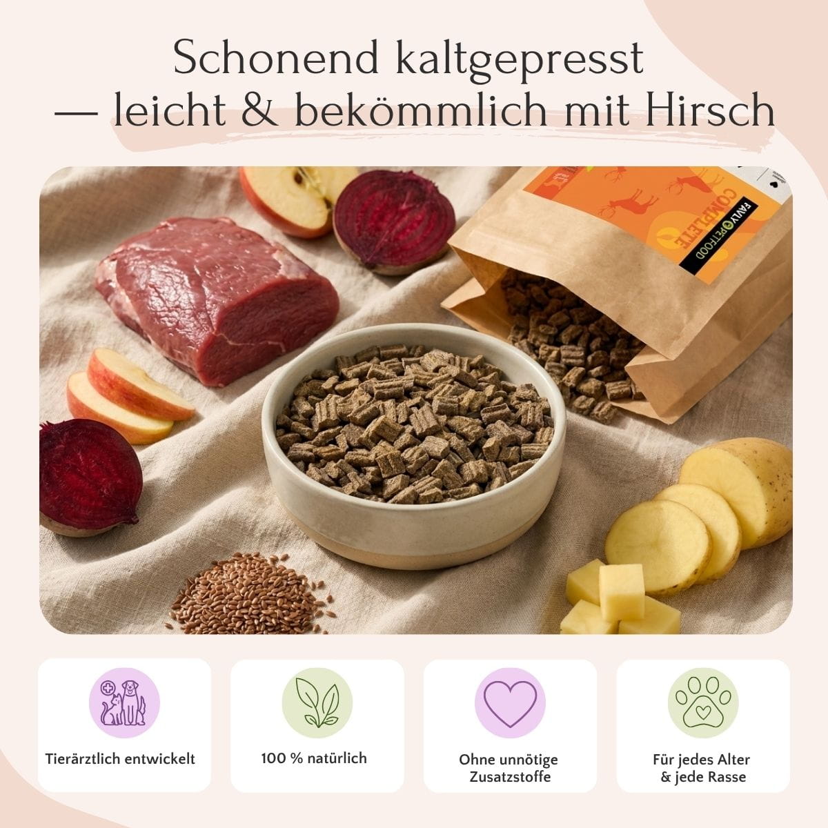 FAVLY Tiernahrung: Hirsch mit Kartoffel, Rote Bete und Apfel (kaltgepresst) – glutenfrei auf beigem Hintergrund.