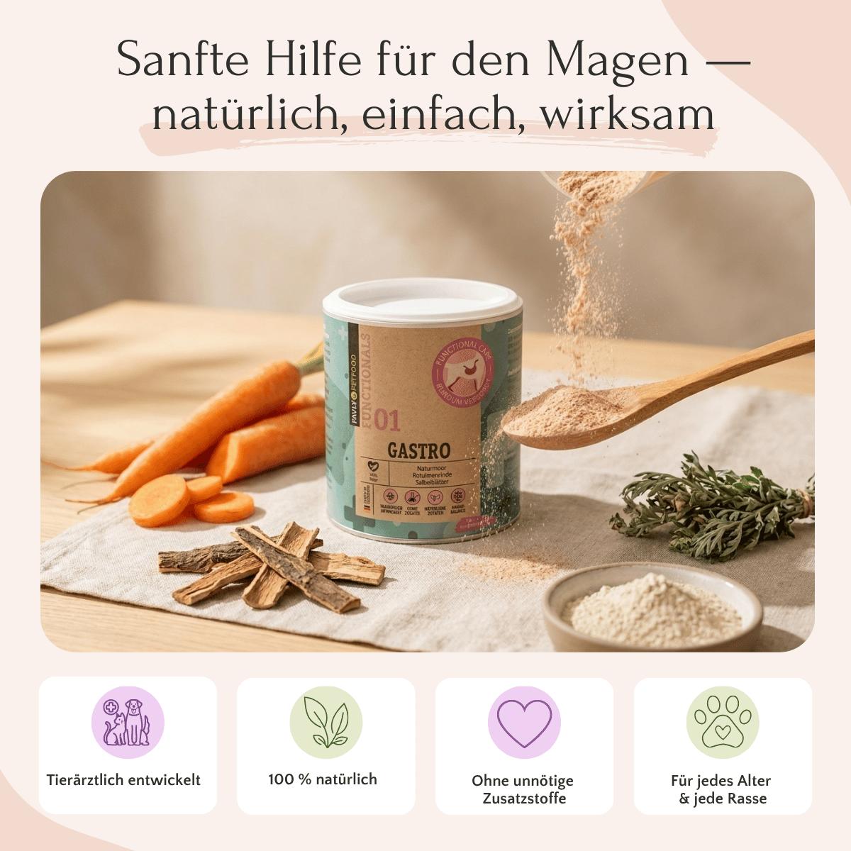 Das GASTRO Pulver - Sodbrennen & Grasfressen von FAVLY Petfood wird in der Nähe von Karotten, Kräutern und seinem Behälter geschüttet.