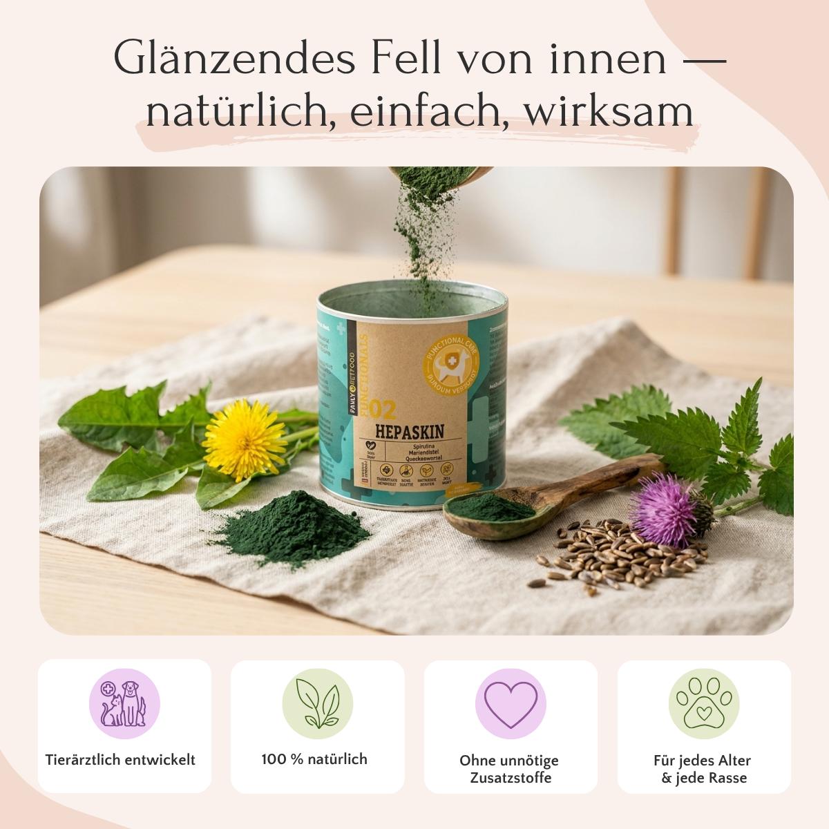 HEPASKIN Pulver von FAVLY Petfood für Haut, Fell & Entgiftung mit Mariendistelsamen und Kräutern.