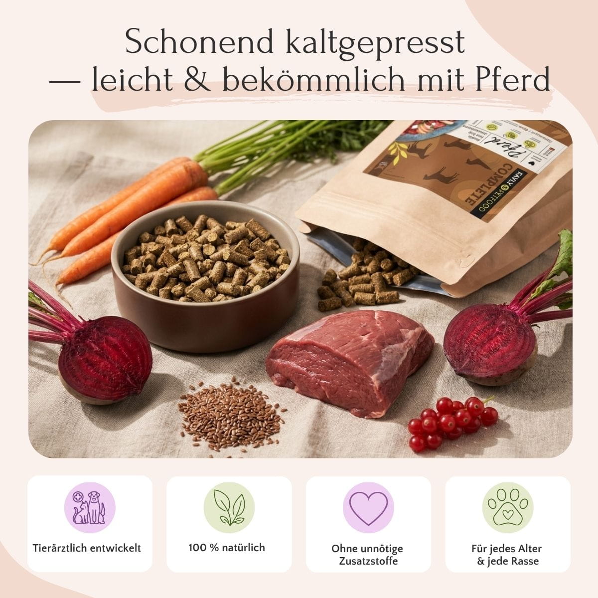 FAVLY Petfood Trockenfutter für Pferde mit Karotte, Birne und Hagebutte jetzt als Einzelprodukt zum Sonderpreis!.