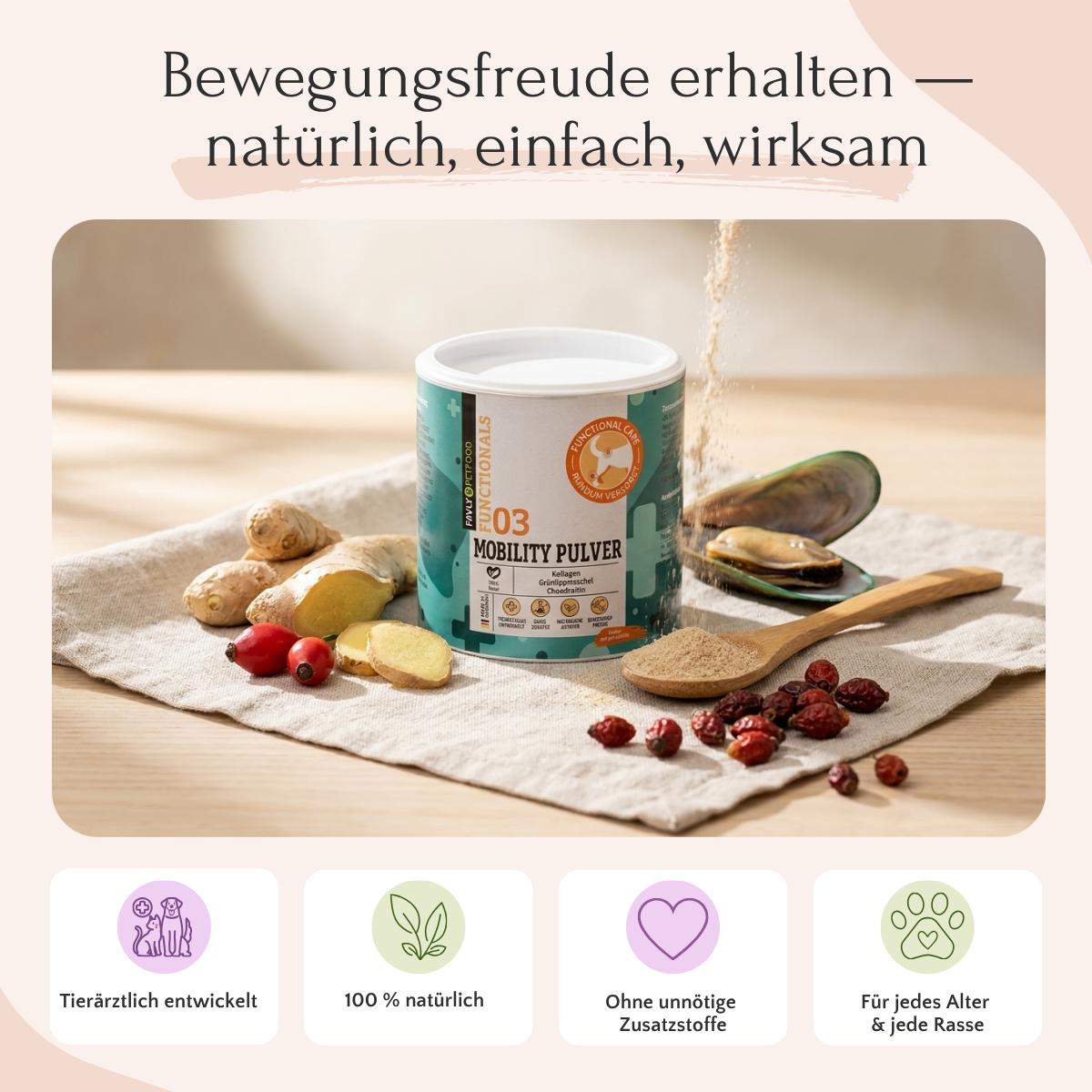 FAVLY Petfood MOBILITY Pulver - Gelenke & Mobilität mit Kollagenhydrolysat unter den natürlichen Zutaten für Haustiere.