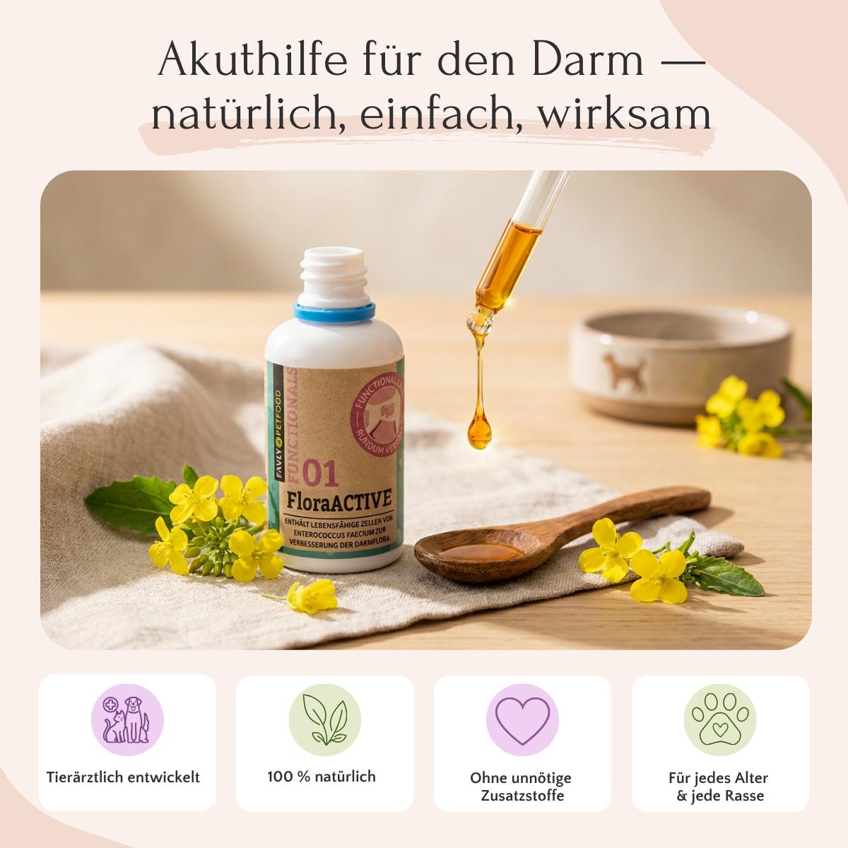 Eine Flasche FloraACTIVE - Probiotika & Darmflora von FAVLY Petfood mit Tropfer, Löffel und gelben Blumen.