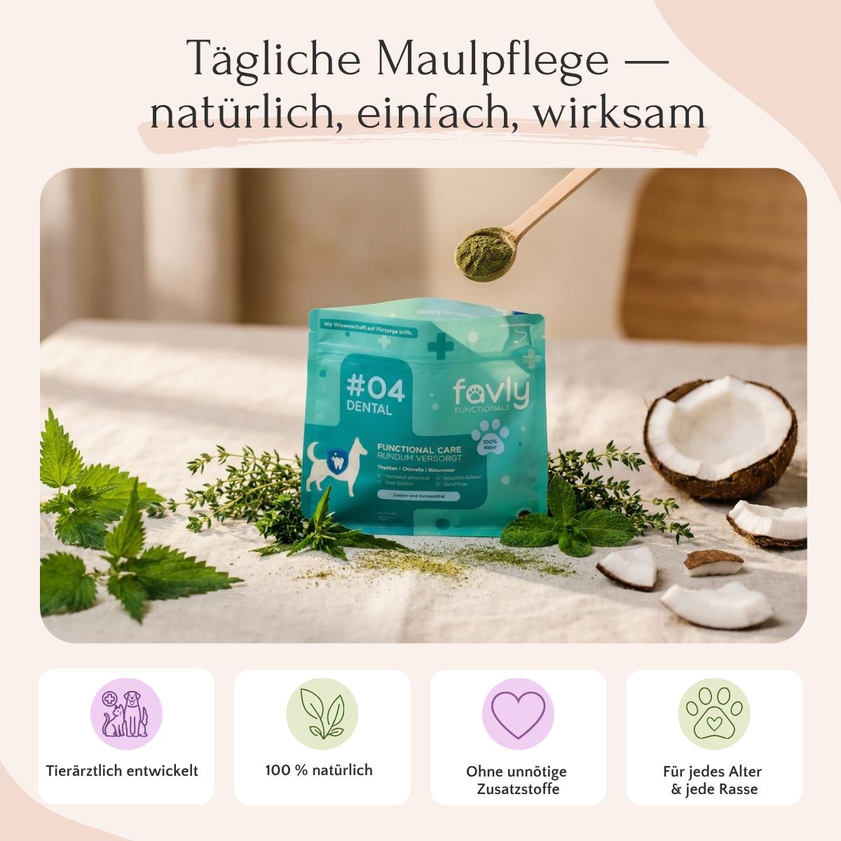 FAVLY Petfood DENTAL Pulver – Neukundenangebot, mit Kräutern, Kokosnuss und Symbolen zur Vorbeugung von Zahnbelag.