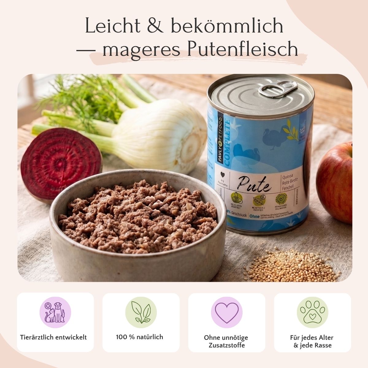 Eine Schale FAVLY Petfood FAVLY Probierpaket "Starter" mit frischem Gemüse auf dem Tisch.