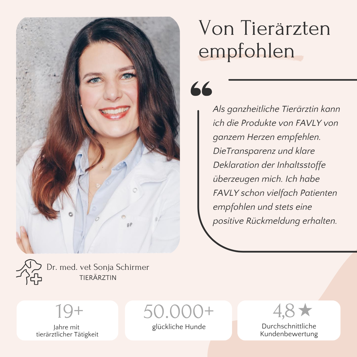 Ein lächelnder Tierarzt lobt „LongV+ für Gelenkgesundheit Hund“ von FAVLY Petfood; beste Bewertungen werden angezeigt.