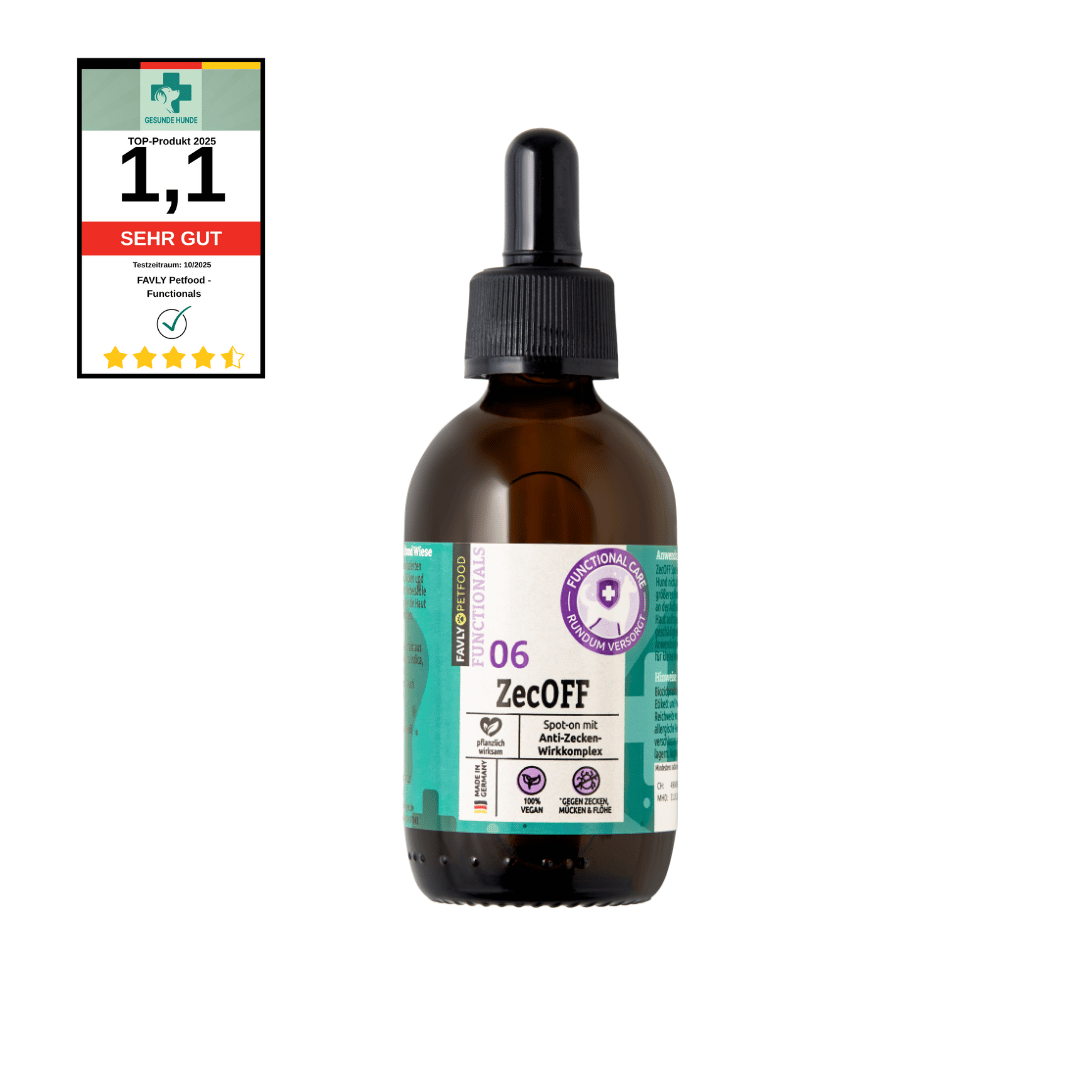 Brauner "ZecOFF - Zecken & Lästlinge (für Hunde)" FAVLY Petfood Tropfer mit grünem Etikett und "1,1 SEHR GUT" Aufschrift.