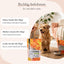 Ein glücklicher Hund sitzt neben einer Person mit „FAVLY Petfood Nature Cookies Wild“; abgebildet ist ein Snack-Ratgeber für Hunde aller Größen.