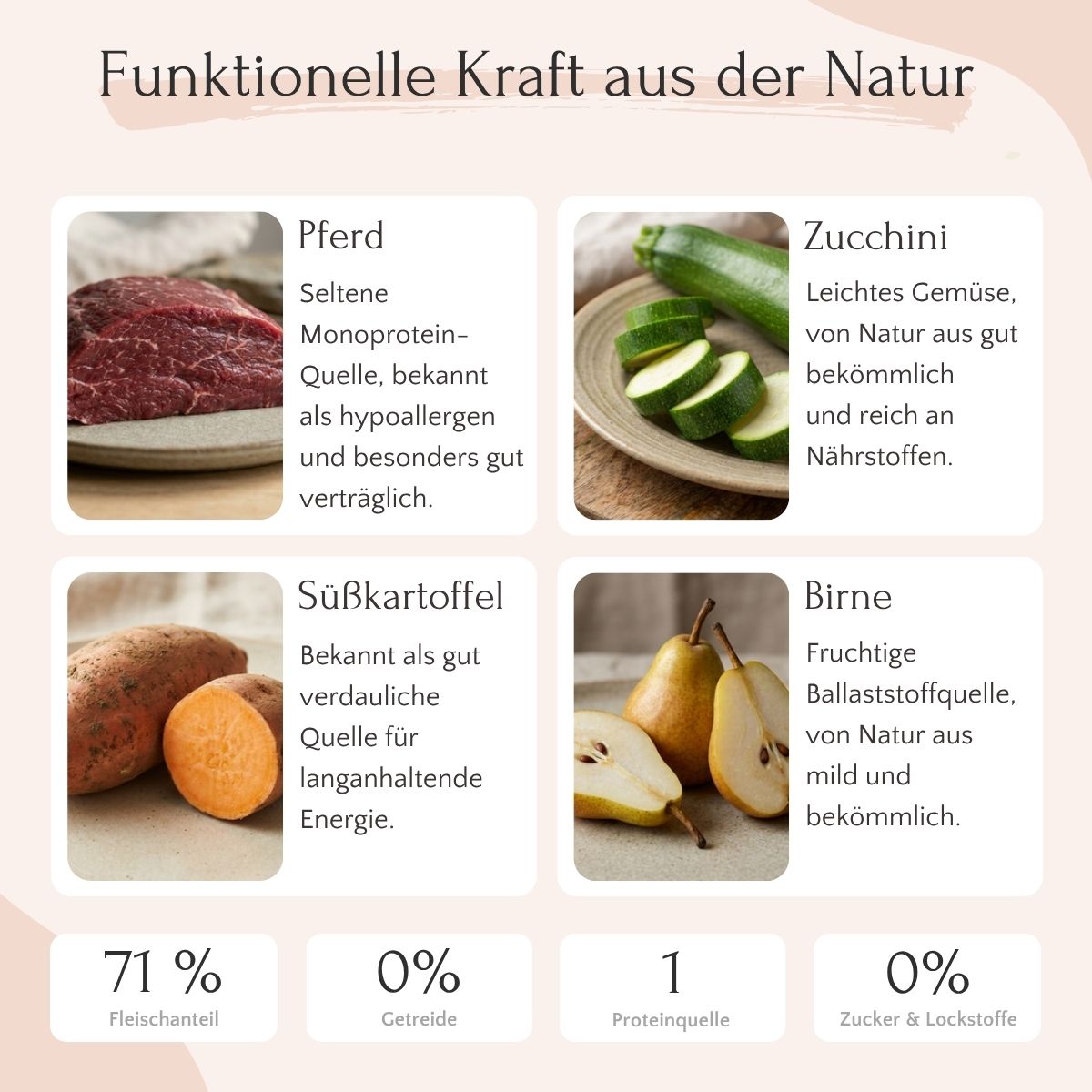 Vier Zutaten: Pferd, Zucchini, Süßkartoffel & Birne von FAVLY Petfood - inkl. Infos und Nährwertangaben.