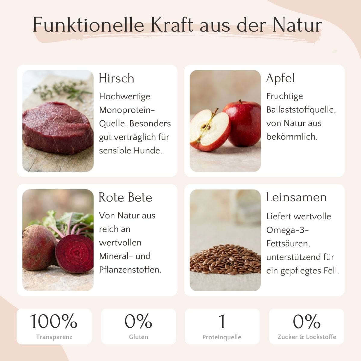 Vier natürliche Zutaten: FAVLY Petfood Hirsch mit Kartoffel, Rote Bete und Apfel – kaltgepresst, glutenfrei.