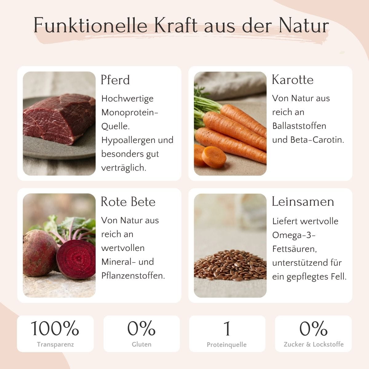 Trockenfutter für Pferde mit Karotte, Birne und Hagebutte von FAVLY Petfood; kurze Nährwertangaben auf Deutsch im Bild.