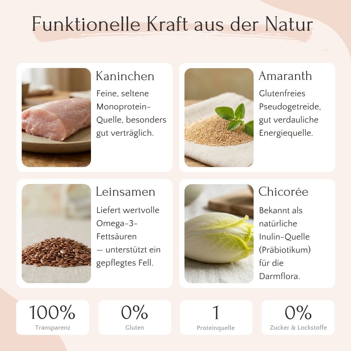 Vier Zutaten für FAVLY Petfood Kaninchen mit Amaranth, Leinsamen & Chicorée (kaltgepresst) plus Nährwerte.