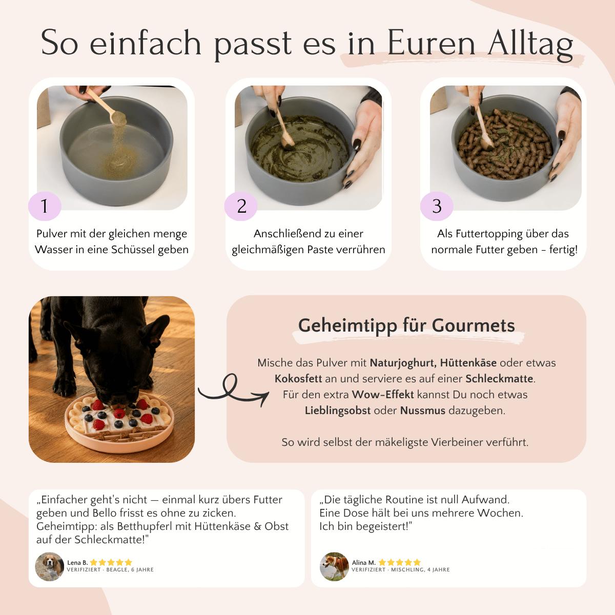 Anleitung in drei Schritten: Mischen Sie DENTAL Pulver von FAVLY Petfood für Zahnhygiene & frischer Atem, den Ihr Hund lieben wird.