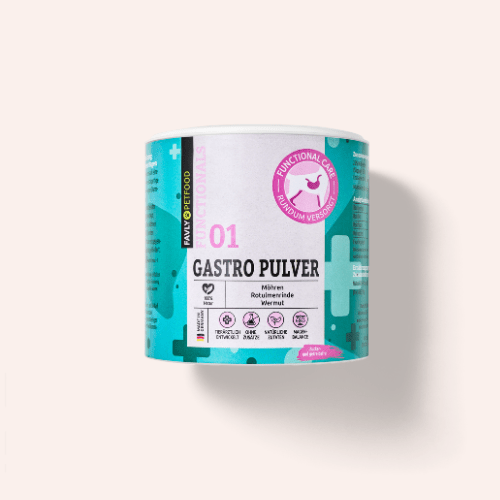Eine Dose FAVLY Petfood GASTRO Pulver - Sonderangebot, blau-weiß-rosa Design, auf hellem Hintergrund.
