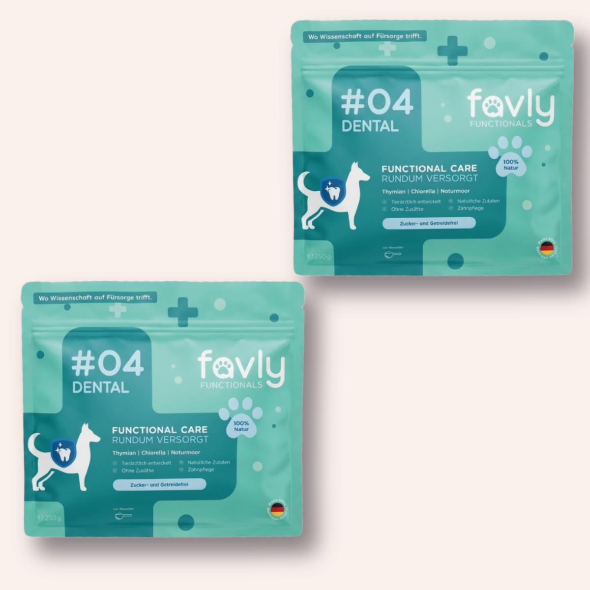 Zwei DENTAL-Pulver von FAVLY Petfood tragen dazu bei, Zahnbelag vorzubeugen und die Mundhygiene zu fördern.