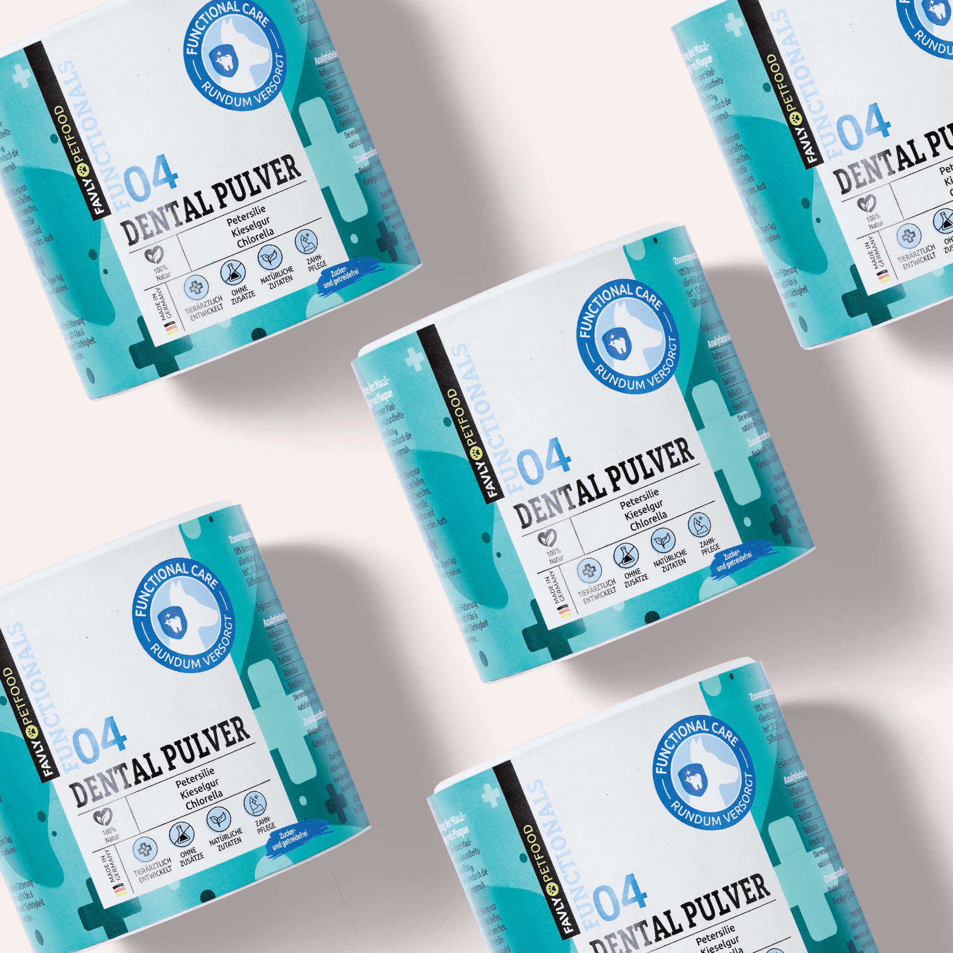 Sechs Behälter mit FAVLY Petfood DENTAL Pulver - Sonderangebot, diagonal angeordnet auf hellem Hintergrund.