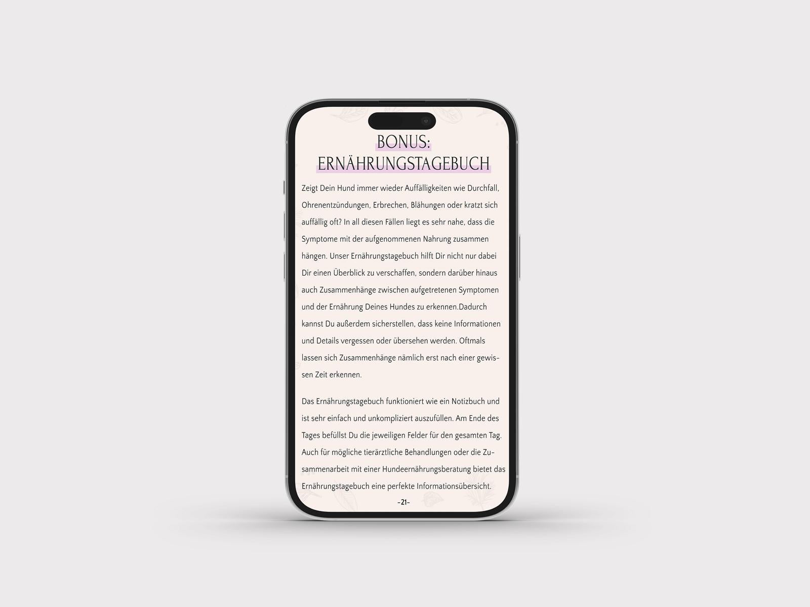 Ein Smartphone, auf dessen Bildschirm ein deutscher Text zu einem Bonus-Ernährungstagebuch angezeigt wird, in dem die besten Vorgehensweisen zur Hundefütterung mit dem FAVLY Petfood Ernährungsratgeber – E-Book von FAVLY Petfood hervorgehoben werden.