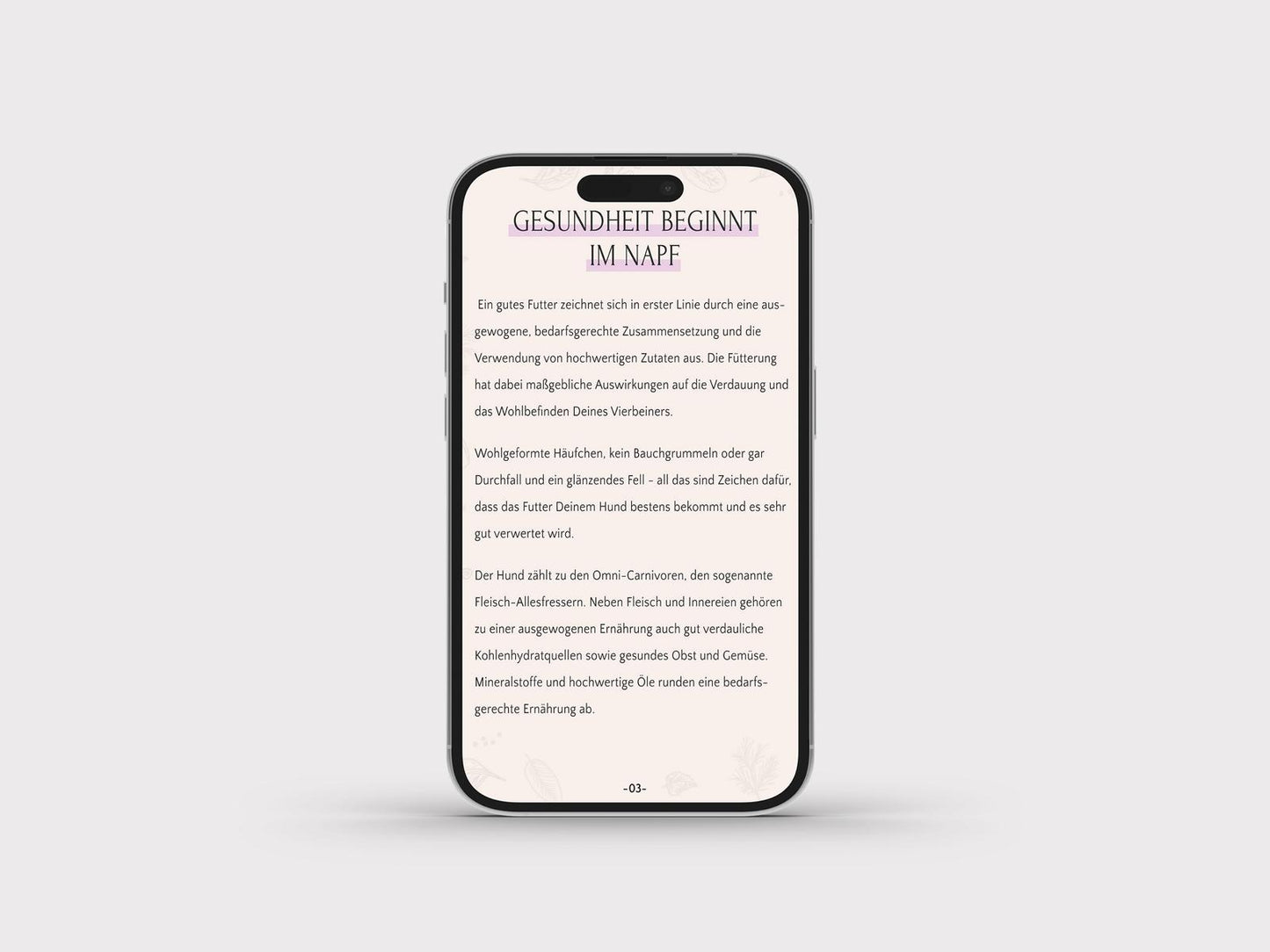 Ein Smartphone mit dem deutschen Text „Gesundheit beginnt im Napf“ auf hellgrauem Hintergrund, der die Bedeutung von Trockenfutter in der Hundefütterung aus dem FAVLY Petfood Ernährungsratgeber – E-Book von FAVLY Petfood hervorhebt.