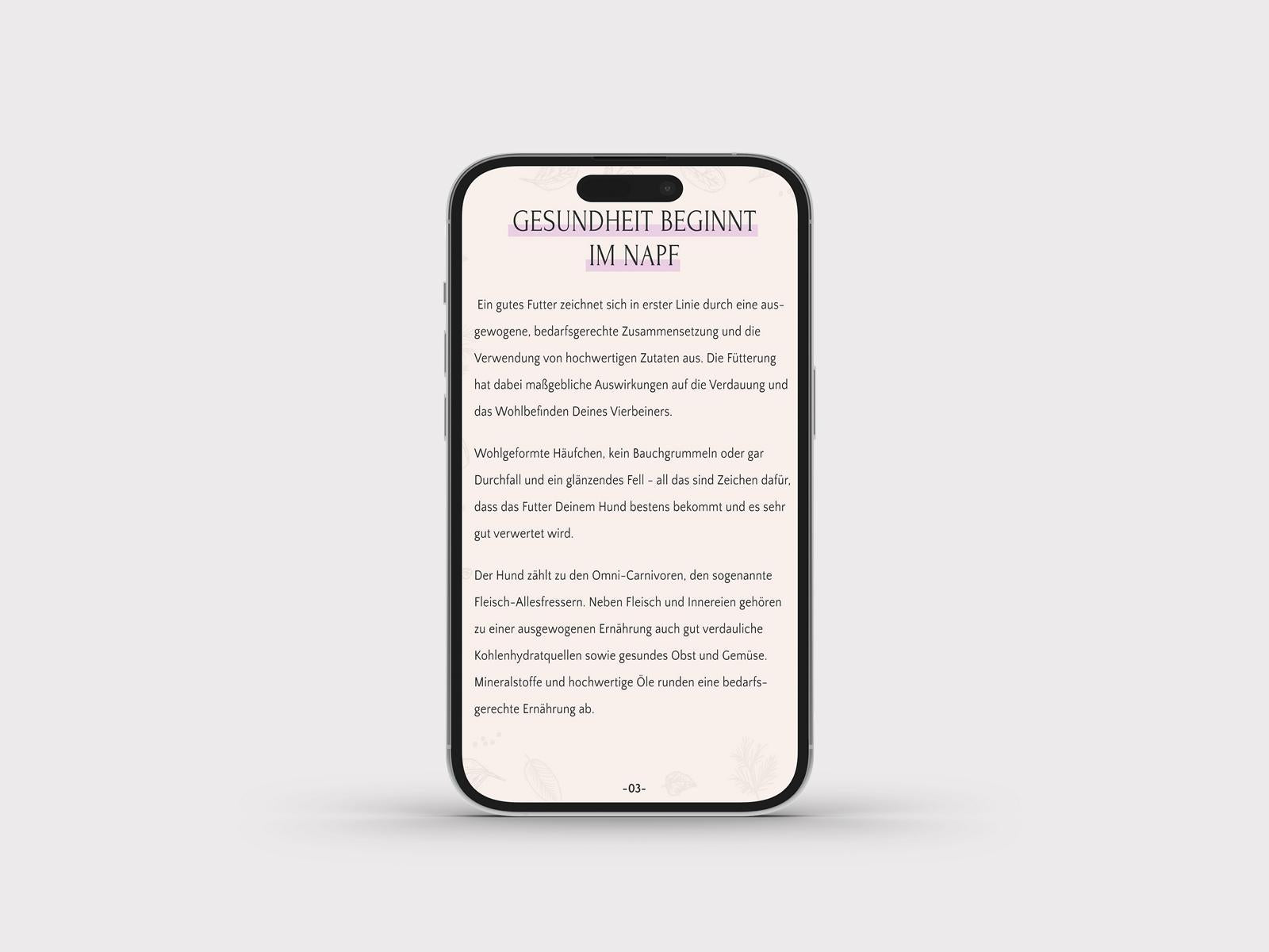 Ein Smartphone mit dem deutschen Text „Gesundheit beginnt im Napf“ auf hellgrauem Hintergrund, der die Bedeutung von Trockenfutter in der Hundefütterung aus dem FAVLY Petfood Ernährungsratgeber – E-Book von FAVLY Petfood hervorhebt.