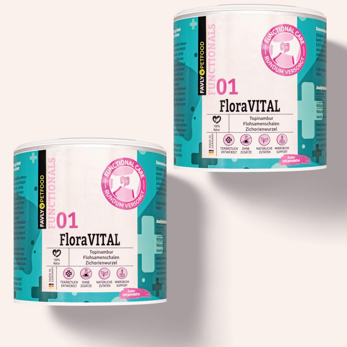 Zwei Eimer FAVLY Petfood FloraVITAL Pulver - Sonderangebot, mit blaugrünem und rosa Etikett auf hellem Grund.