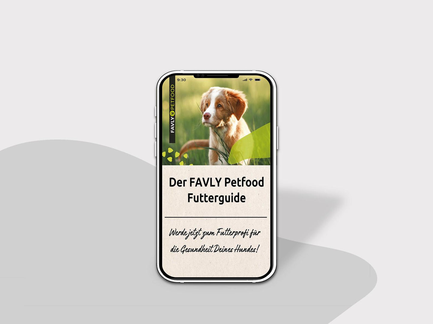 Ein Smartphone mit dem Display „FAVLY Petfood Futterguide – E-Book“ mit einem Bild eines Welpen und einem deutschen Text mit Tierfuttertipps für die Ernährung von Vierbeinern.