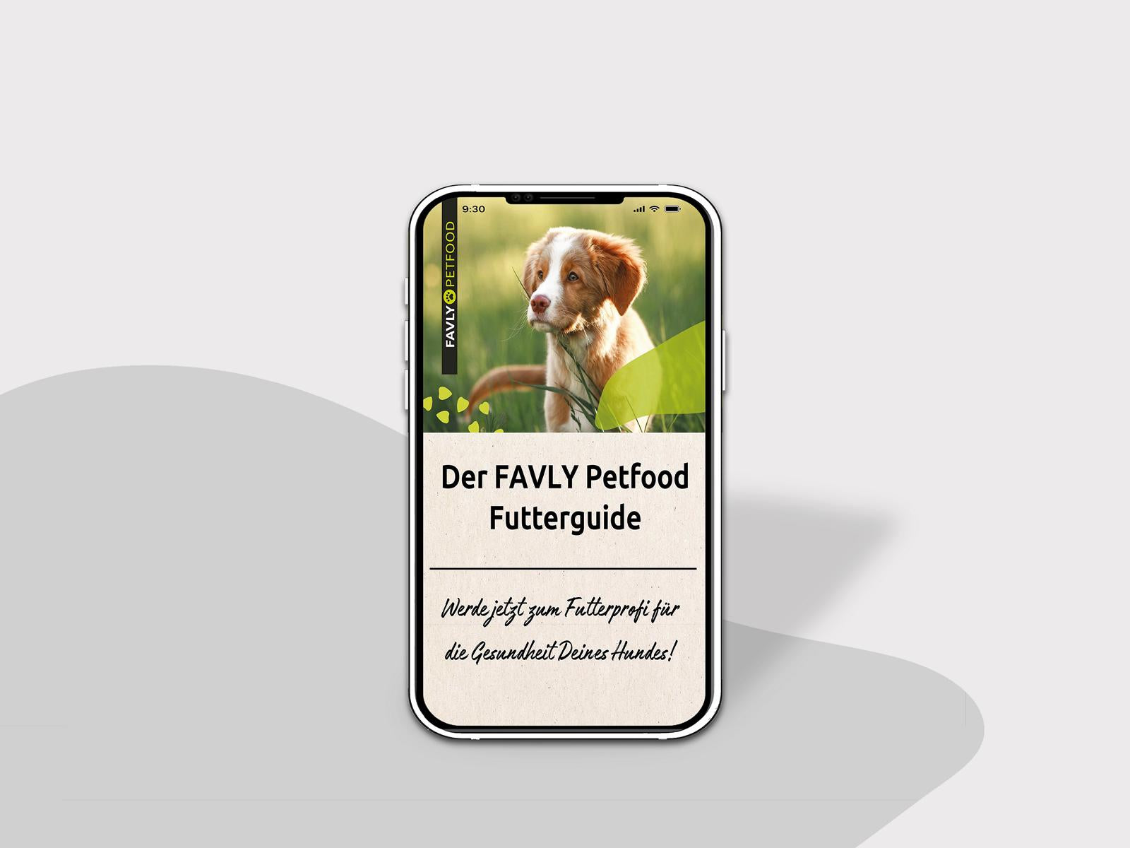 Ein Smartphone mit dem Display „FAVLY Petfood Futterguide – E-Book“ mit einem Bild eines Welpen und einem deutschen Text mit Tierfuttertipps für die Ernährung von Vierbeinern.